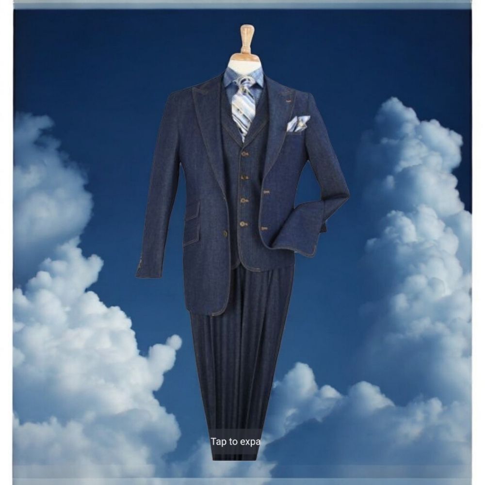 MEN'S ROYAL DIAMOND 3 PIECE BLUE DENIM FASHION SUIT W/ 4 BUTTON VEST. DEN-1.